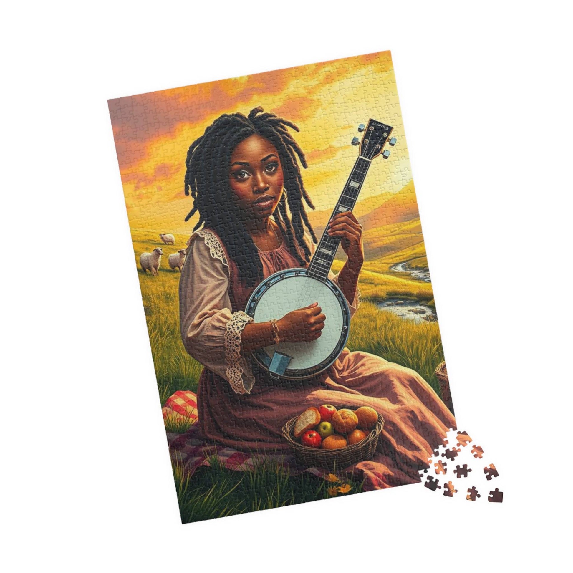 The Banjo Player Jigsaw Puzzle - Black Woman Art, Afrocentric Artwork, African American Musician 1014 pcs (Vertical) Puzzle The Puzzle Chest