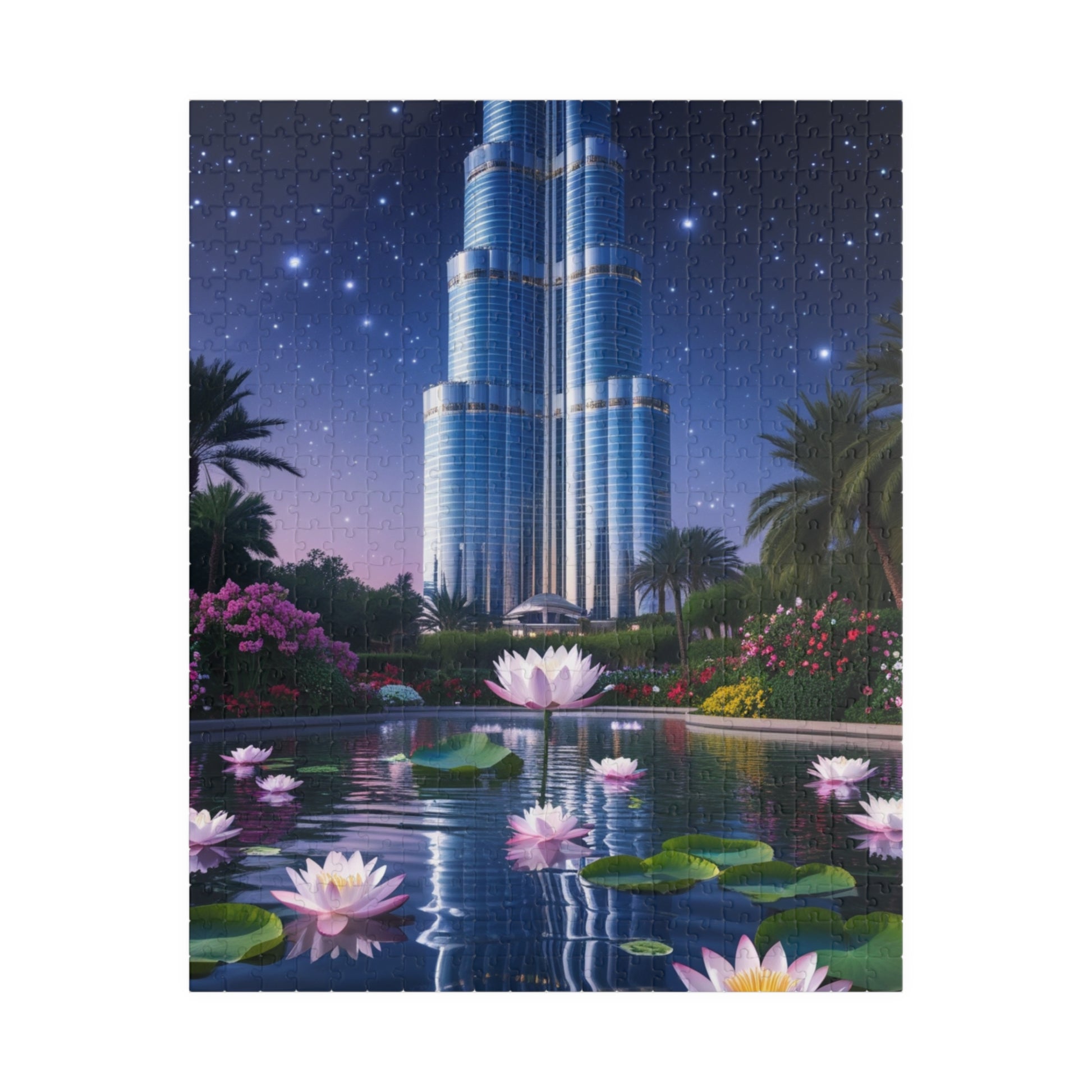 Burj Khalifa Reflections Jigsaw Puzzle, Dubai Skyline Lotus Water Lily Night Garden Landscape, Best Gift for Traveler Art Lover, Hobbyist 520 pcs (Vertical) Puzzle The Puzzle Chest