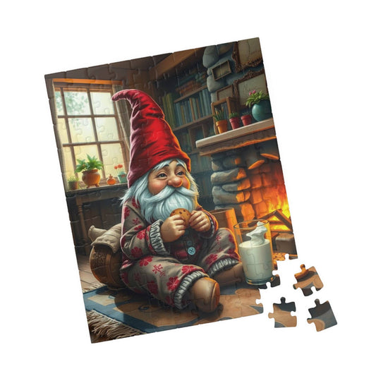 Gnome Pajama Snack – Cozy Cottage Fireplace Milk and Cookies Jigsaw Puzzle 110 pcs (Vertical) Puzzle The Puzzle Chest