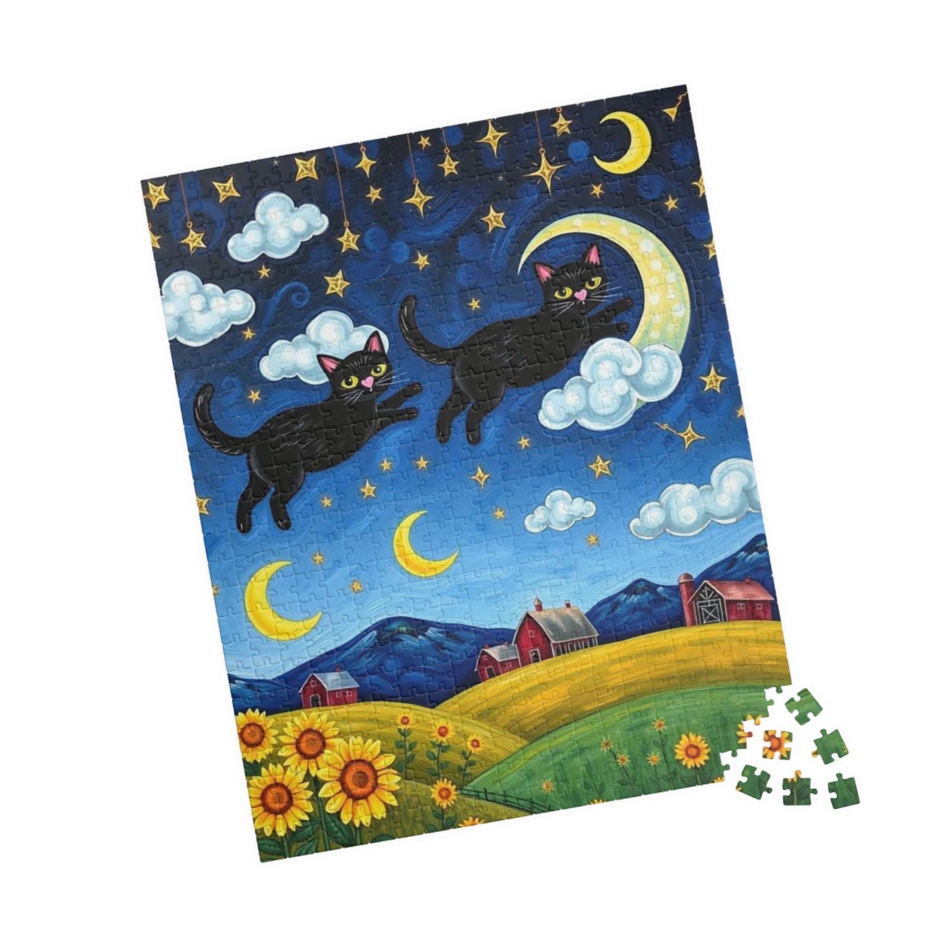 Starry Cat Chase Jigsaw Puzzle - Black Cats and Sunflowers, 110-1014 Piece Whimsical Cat Lover Gift, Brain Teaser Game, Indoor Hobby, Family