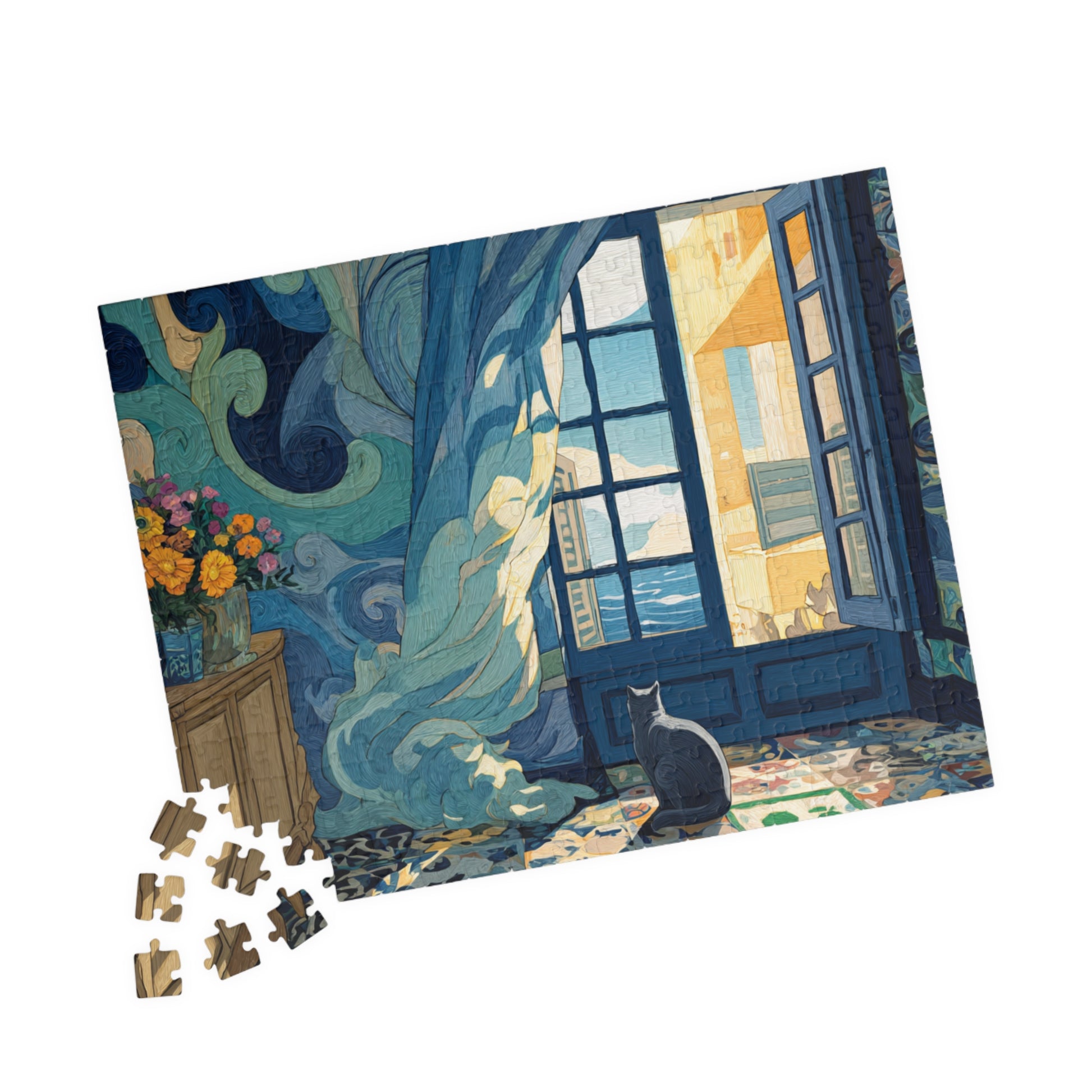 Cat and the Blue Window – Serene Fauvist Jigsaw Puzzle, Animal Theme Seaside Kitten Puzzle, Matisse-Inspired 252 pcs (Horizontal) Puzzle The Puzzle Chest