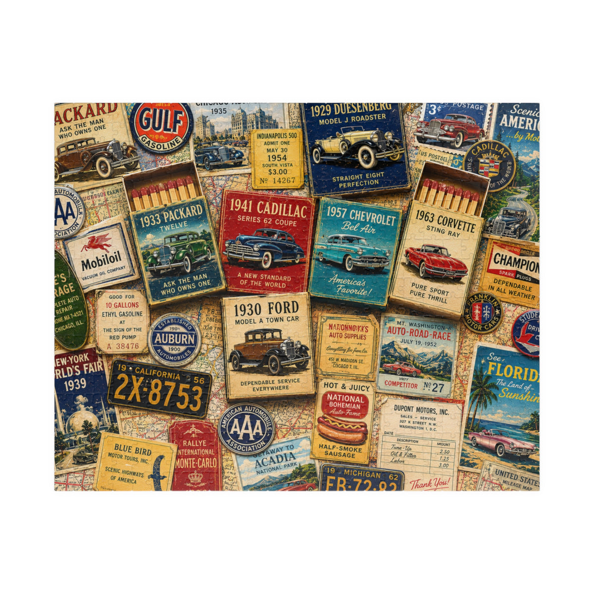 Vintage Car Matchbook Puzzle | Classic Automobile Memorabilia Jigsaw | Retro Road Trip Americana Motor Nostalgia Puzzle The Puzzle Chest