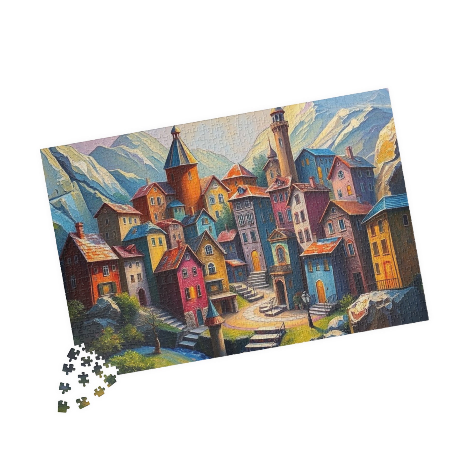 Unique 3D Village Jigsaw Puzzle 110, 252, 520, 1014-piece, Featuring a Colorful Ethereal Town Scene, Mindfulness Gift for Puzzle Enthusiast The Puzzle Chest