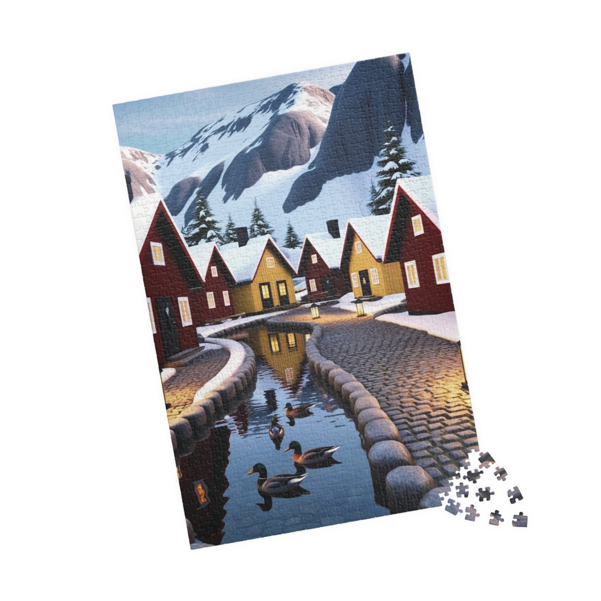 Nordic Village Jigsaw Puzzle - Winter Scene, Snowy Peaks, Red Yellow Cottages, Fun Family Activity, Christmas Holiday The Puzzle Chest