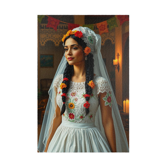 Elegant Mexican Bride Puzzle with Papel Picado Background, Hacienda Courtyard Wedding Jigsaw, Unique Gift for Puzzle Enthusiast Hobbyist 1014 pcs (Vertical) Puzzle The Puzzle Chest