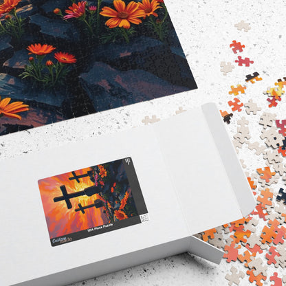Three Crosses Sunrise Puzzle, Christian Wildflower Jigsaw Game, Spiritual Uplifting Scene with Wooden Crosses, Religious Puzzle Lover Gift Puzzle The Puzzle Chest