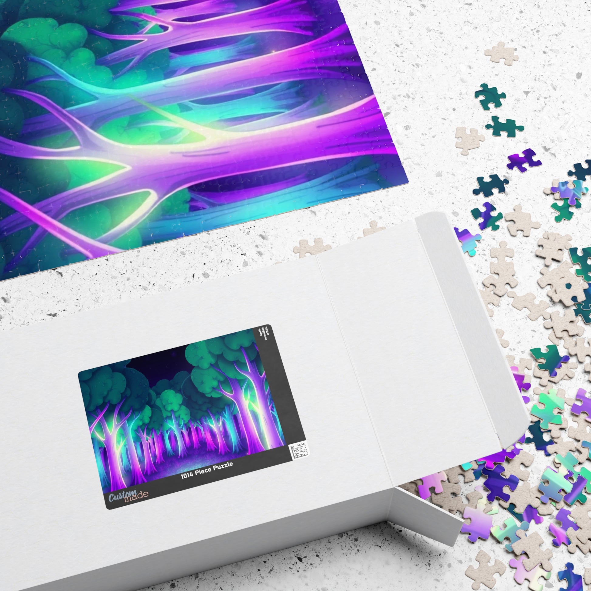 Abstract Forest Landscape Jigsaw Puzzle, Glowing Purple Green Neon Trees, Fantasy Art Puzzle Lover, Quiet Time Leisurely Activity, Fun Hobby Puzzle The Puzzle Chest