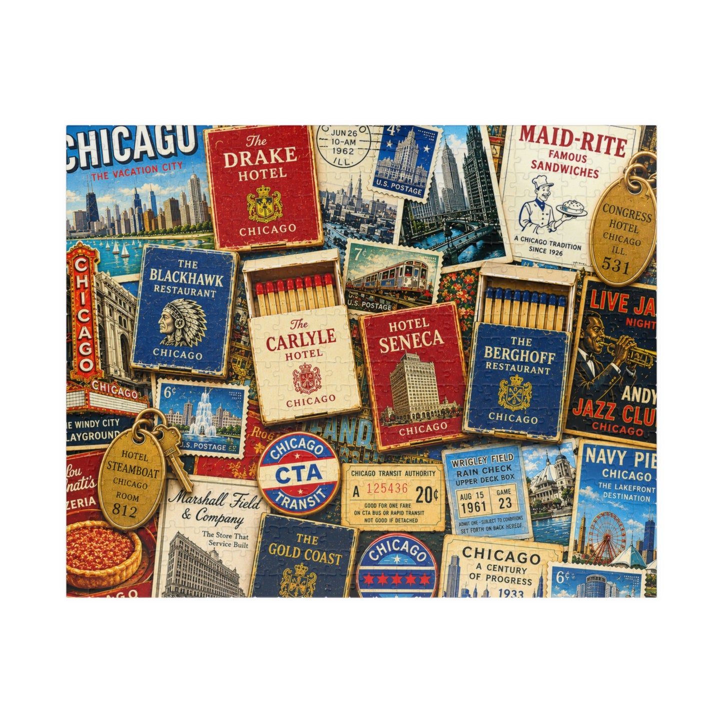 Vintage Chicago Matchbook Puzzle | Windy City Memorabilia Jigsaw | Historic Landmark Retro Midwest Nostalgia