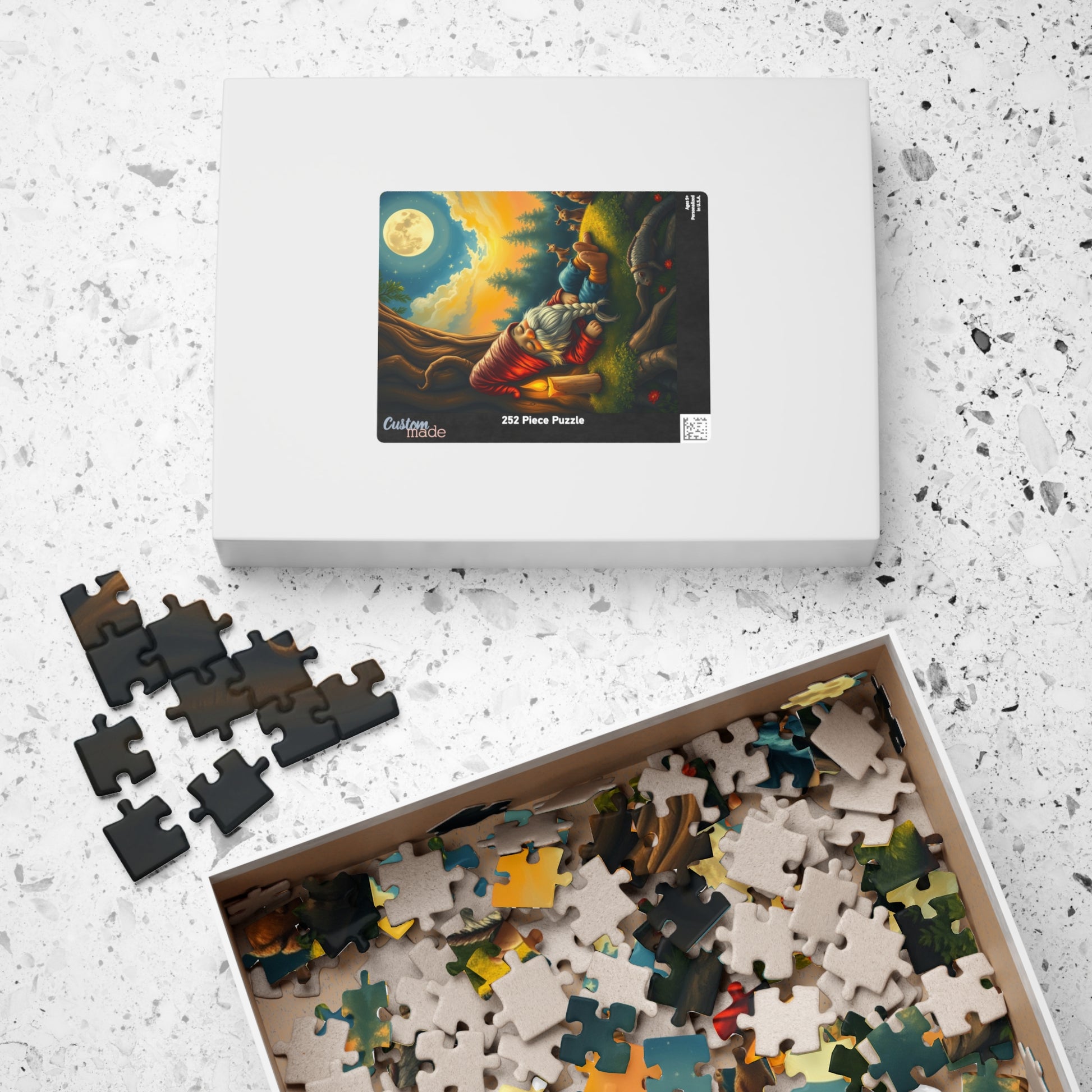 Slumbering Gnome Under the Moonlight Puzzle, Sleepy Gnome Night Scene Animals and Starry Sky, Fantasy Jigsaw Game, Mindful Puzzle Lover Gift Puzzle The Puzzle Chest