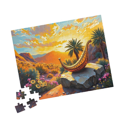 Golden Shofar Jigsaw Puzzle, Desert Oasis Landscape with Palm Trees Wildflowers, Faith-Based Religious Christian Tabletop Game, Jewish Gift