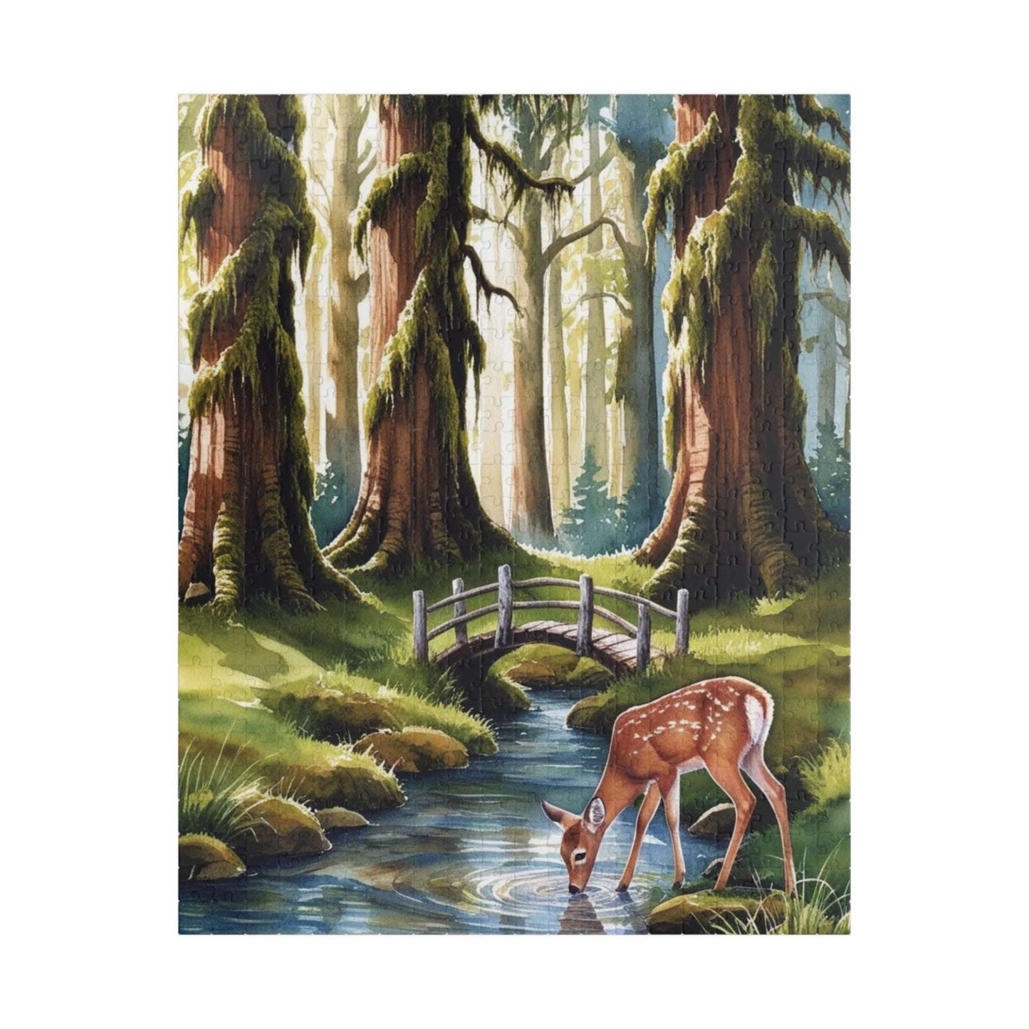Forest Landscape Jigsaw Puzzle, Deer River Mossy Trees Wildlife Woodland Nature Game Night Family Activity Relaxing Mindfulness Unique Hobby 520 pcs (Vertical) Puzzle The Puzzle Chest