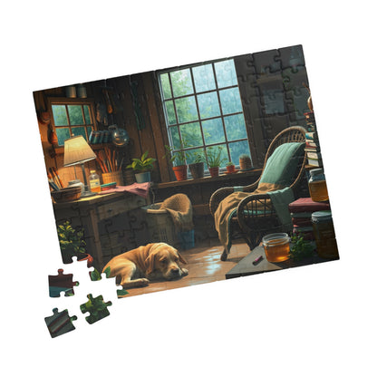 Jigsaw Puzzle, Cozy Garden Workshop Interior with Dog, Hobby Activity, Relaxing Pastime, Indoor Entertainment, Mindful Meditation, Stress