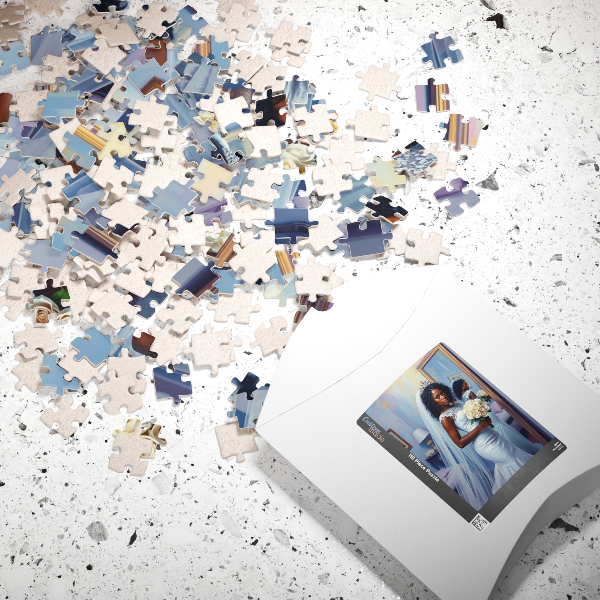African American Bride Puzzle, White Lace Gown and Tiara, Black Woman Wedding Day Reflection Jigsaw Game Puzzle The Puzzle Chest