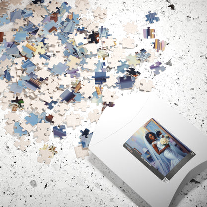 African American Bride Puzzle, White Lace Gown and Tiara, Black Woman Wedding Day Reflection Jigsaw Game Puzzle The Puzzle Chest