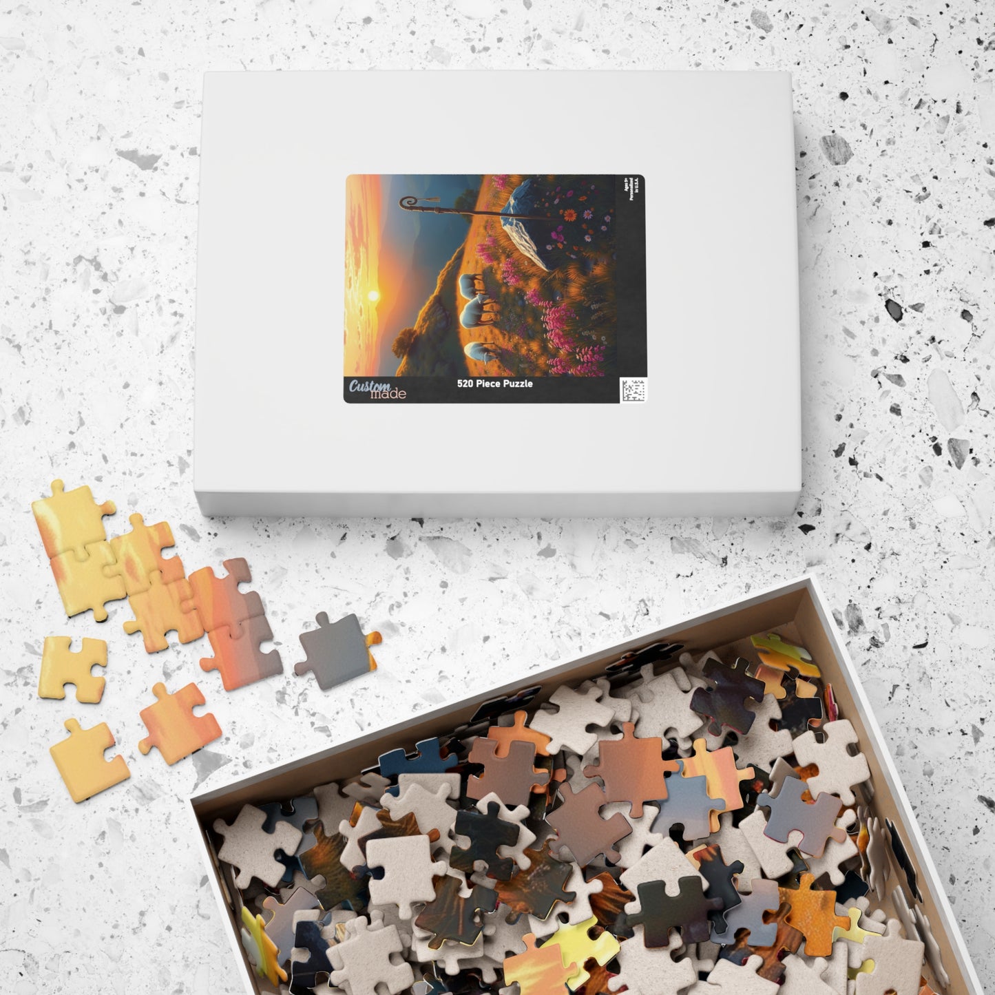 Peaceful Pastoral Sunset Puzzle, Religious Themed Jigsaw Game, Nature-Inspired Serene Landscape with Sheep Grazing on a Wildflower Hill Puzzle The Puzzle Chest