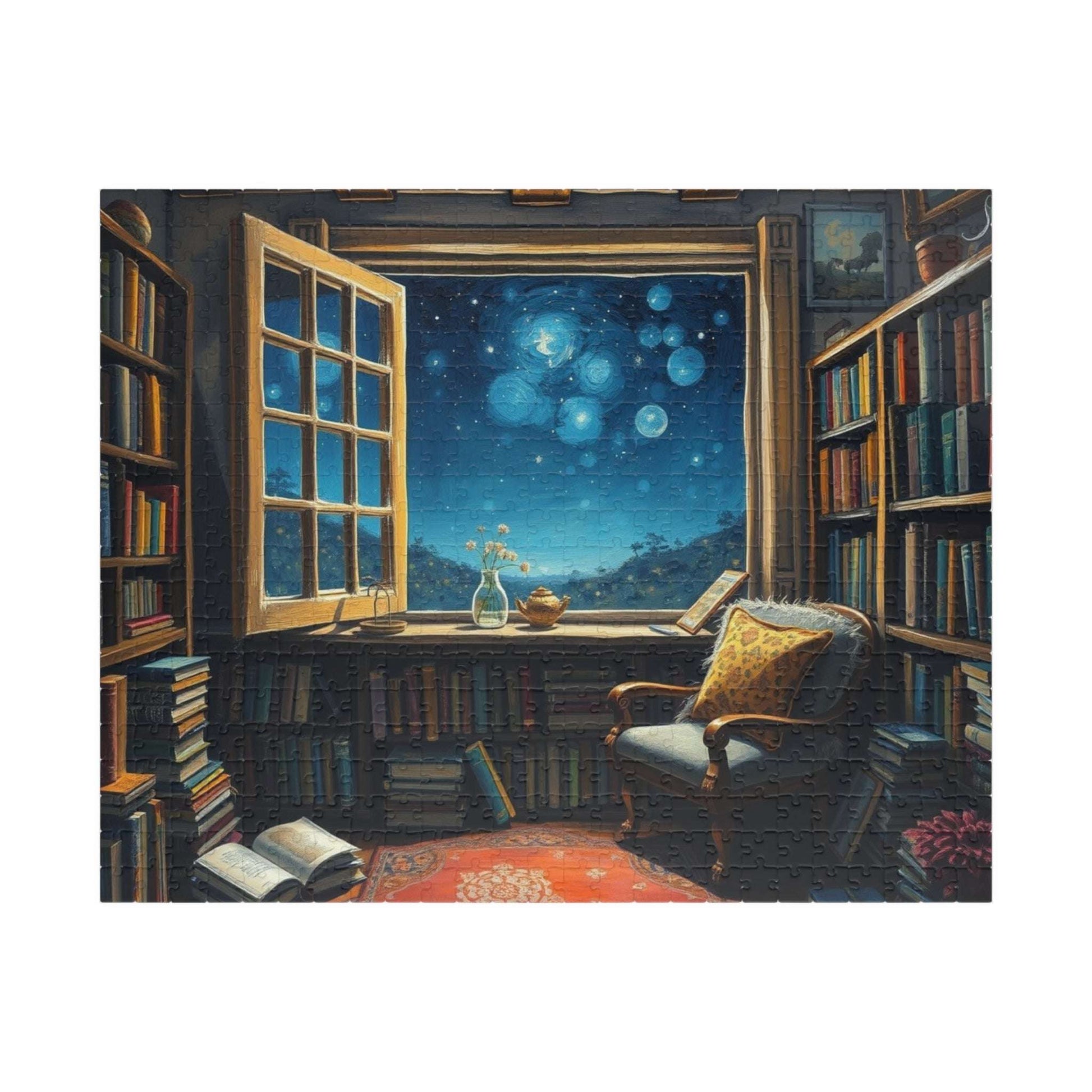 Cozy Library Jigsaw Puzzle - Starry Night Sky, Book Lover Gift, Educational Game, Mindfulness Activity, Literary Scene, Ideal for Family Fun 520 pcs (Horizontal) Puzzle The Puzzle Chest