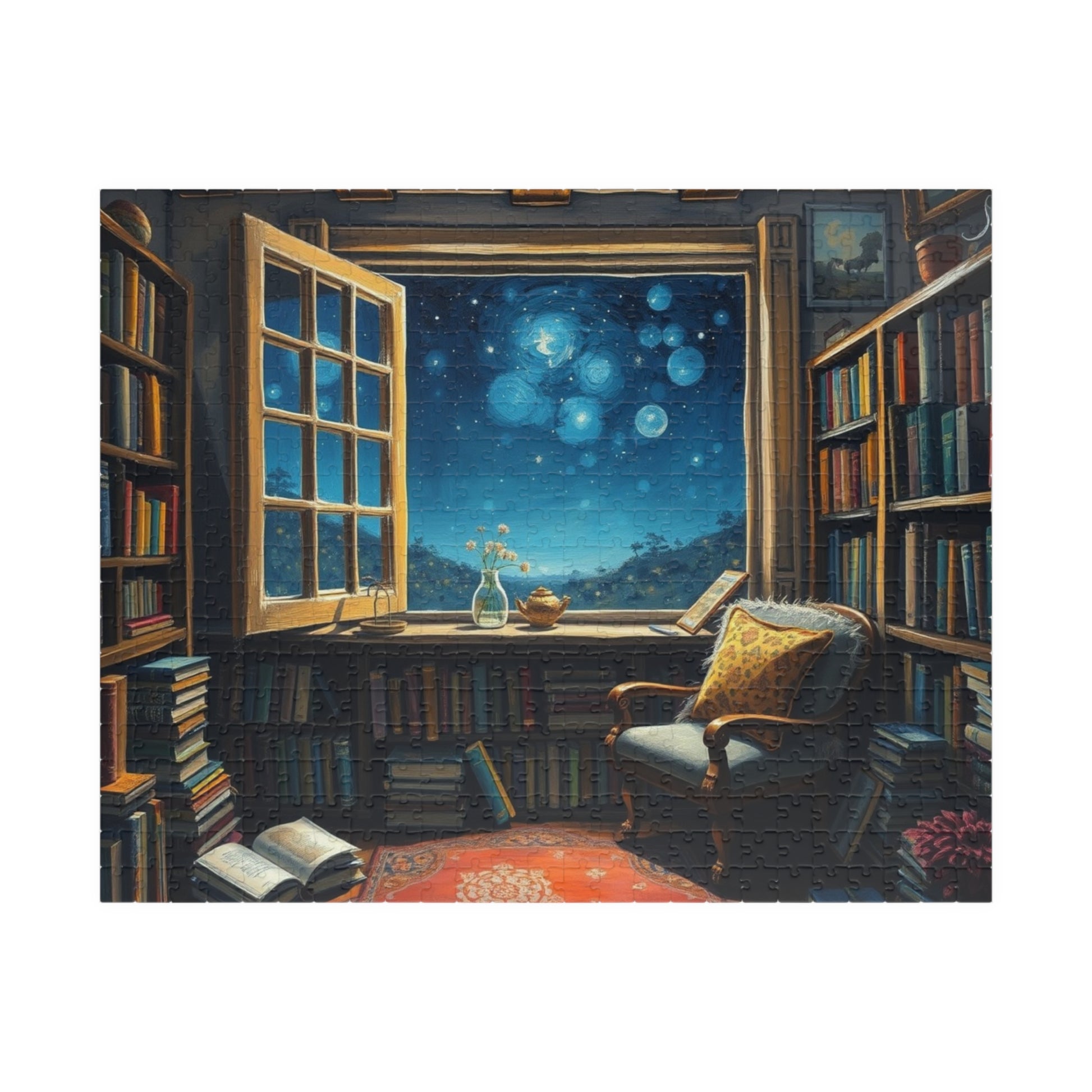 Cozy Library Jigsaw Puzzle - Starry Night Sky, Book Lover Gift, Educational Game, Mindfulness Activity, Literary Scene, Ideal for Family Fun 520 pcs (Horizontal) Puzzle The Puzzle Chest