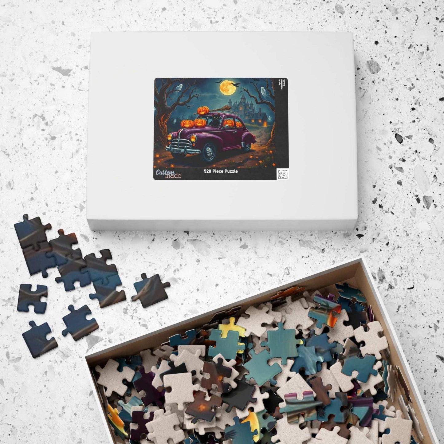Halloween-Themed Vintage Car Jigsaw Puzzle with Cats, Ghosts and Pumpkins