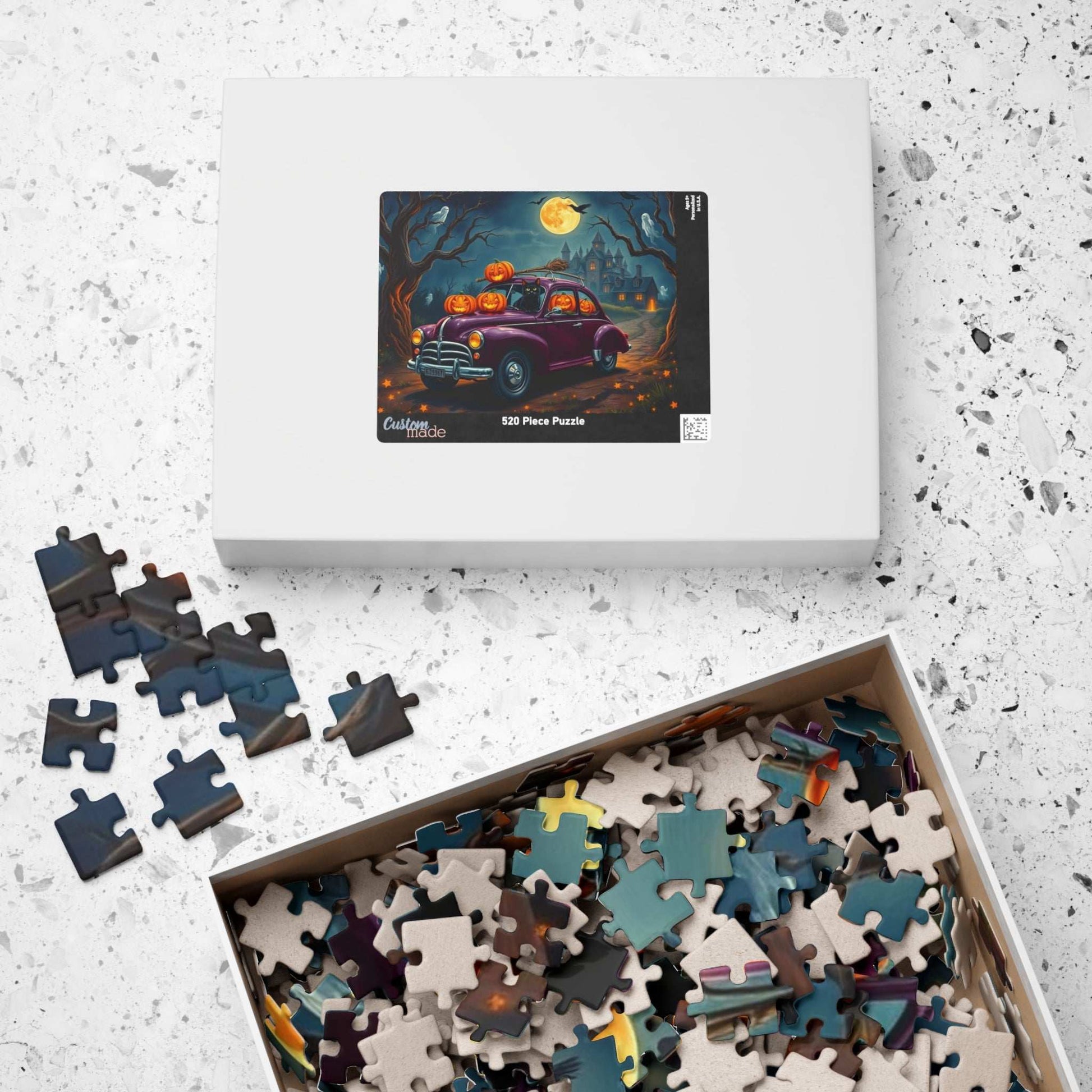 Halloween-Themed Vintage Car Jigsaw Puzzle with Cats, Ghosts and Pumpkins
