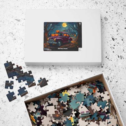 Halloween-Themed Vintage Car Jigsaw Puzzle with Cats, Ghosts and Pumpkins