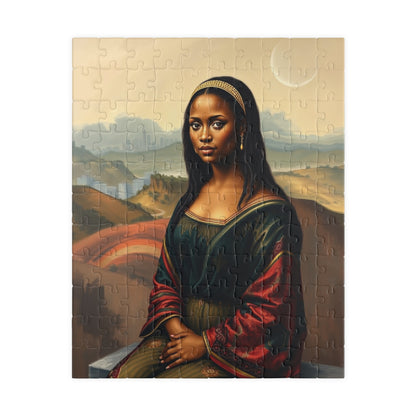 African American Woman Mona Lisa-Inspired Puzzle, Rolling Hills and Cityscape Background Jigsaw Game, Mindful Activity, Puzzle Lover Gift