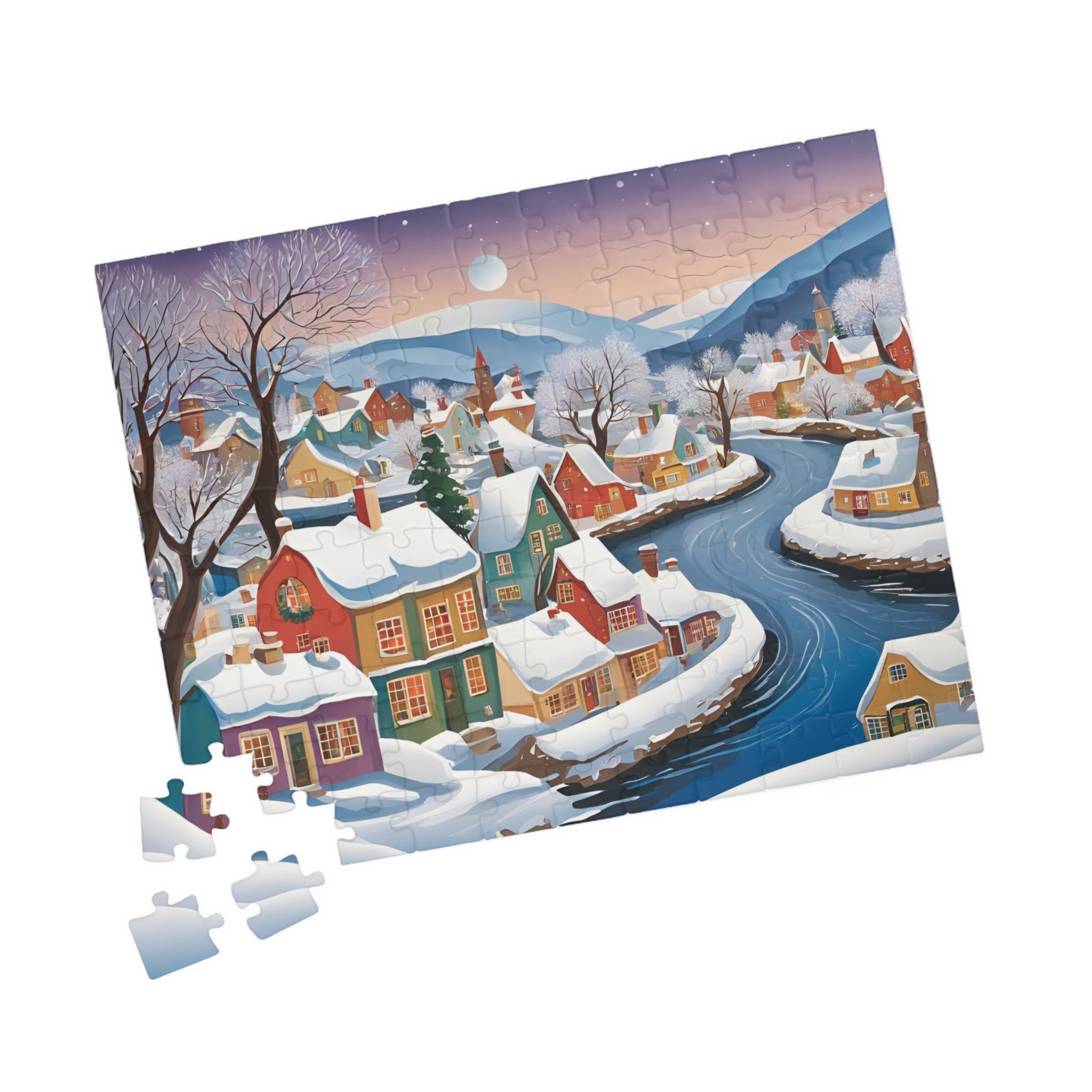 Charming Village Winter Scene Puzzle, Snowy River Landscape Jigsaw Game, 110 252 520 1014-Pieces, Adult Family Fun Activity The Puzzle Chest