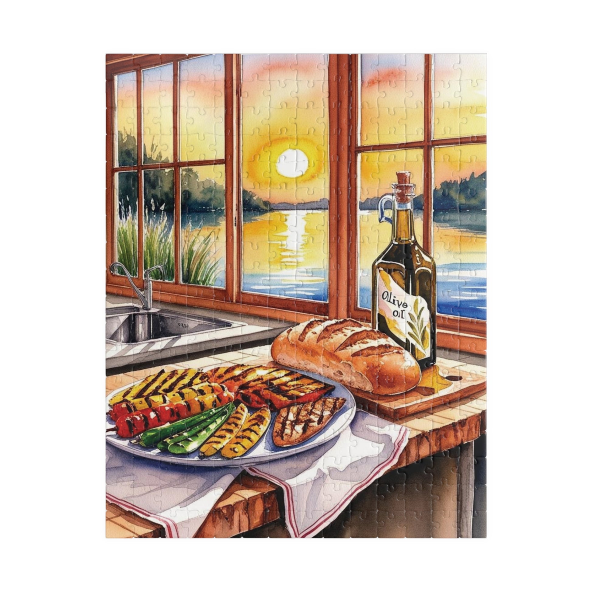 Foodie Kitchen Sunset Jigsaw Puzzle, Serene Lake View Dinner Table Scene, Frameable Culinary Art, Puzzle Enthusiast Gift for Friend 252 pcs (Vertical) Puzzle The Puzzle Chest