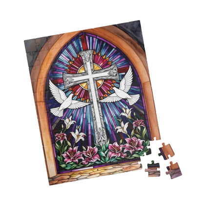 Stained Glass Cross Puzzle, Dove and Lily Flower Design, Faith-Based Christian Jigsaw Game for Adults, Mindful Hobby Gift for Puzzle Lover