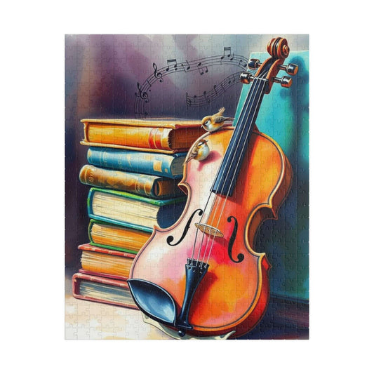 Vintage Violin and Books Jigsaw Puzzle - Musical Notes Swirl Design, Gift for Music Lover, Teacher, or Classical Fans, Entertainment Game