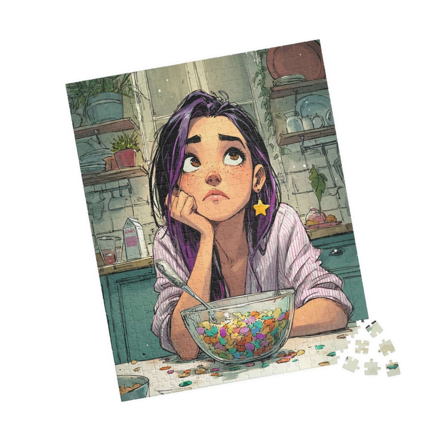 Funny Breakfast Cartoon Puzzle - Watercolor Jigsaw Game, Girl with Spill in Kitchen, Thoughtful Moments 520 pcs (Vertical) Puzzle The Puzzle Chest