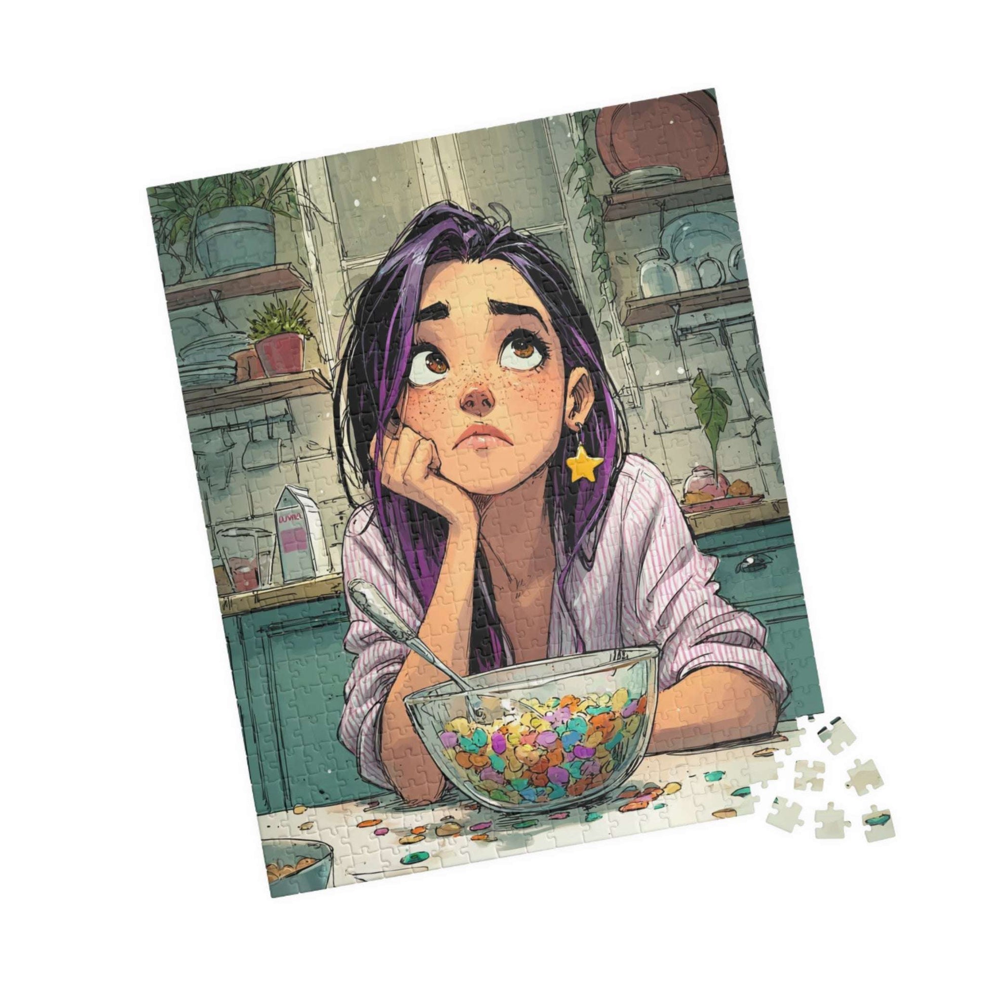 Funny Breakfast Cartoon Puzzle - Watercolor Jigsaw Game, Girl with Spill in Kitchen, Thoughtful Moments 520 pcs (Vertical) Puzzle The Puzzle Chest