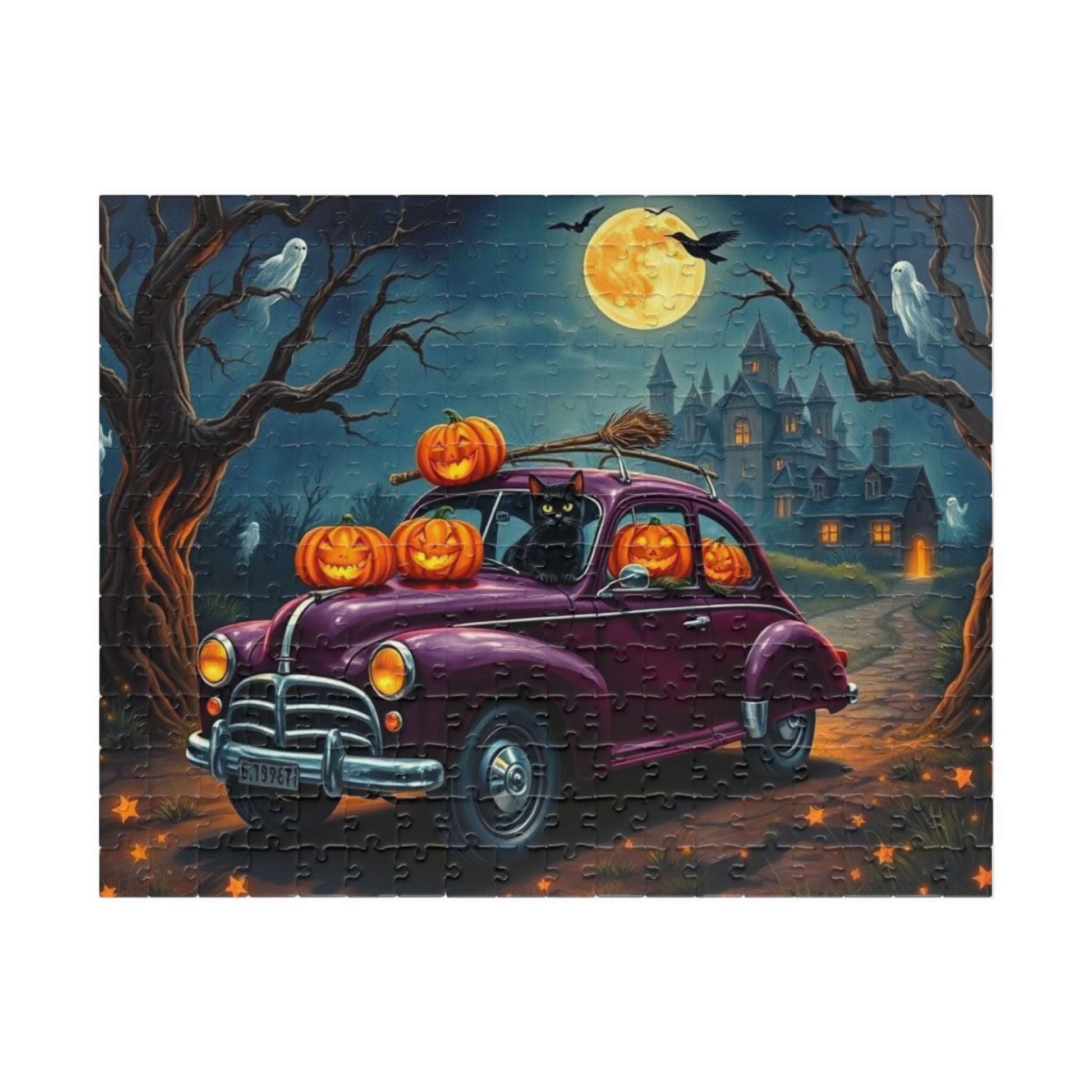 Halloween-Themed Vintage Car Jigsaw Puzzle with Cats, Ghosts and Pumpkins