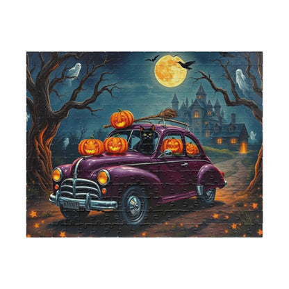 Halloween-Themed Vintage Car Jigsaw Puzzle with Cats, Ghosts and Pumpkins