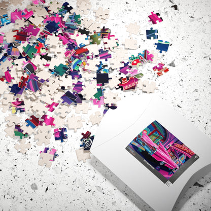 Vintage Car Puzzle - 1959 Pink Eldorado, Retro Casino and Classic Vehicle Scene Puzzle The Puzzle Chest