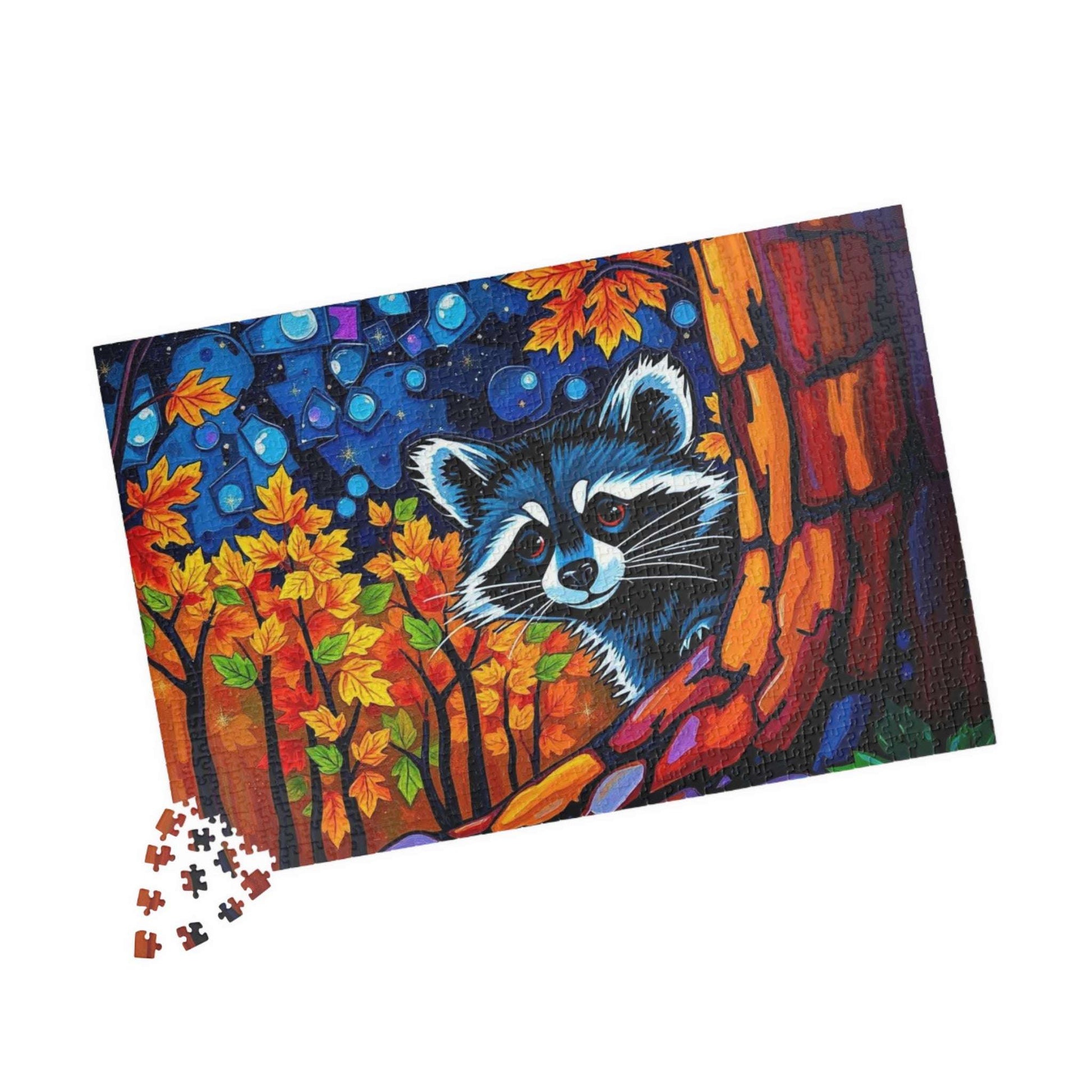 Autumn Nightscape Raccoon Puzzle, Colorful Nature Jigsaw for Solo or Family Fun, Birthday Gift for Animal Lover, Cozy Night In Entertainment