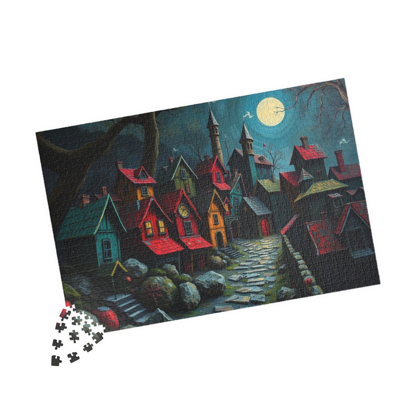 Nighttime Village 3D Puzzle (110, 252, 520, 1014-piece), Haunting Spooky Town at Night, Ideal Puzzle Gift for Gothic Dark Art Lover, Mindful The Puzzle Chest