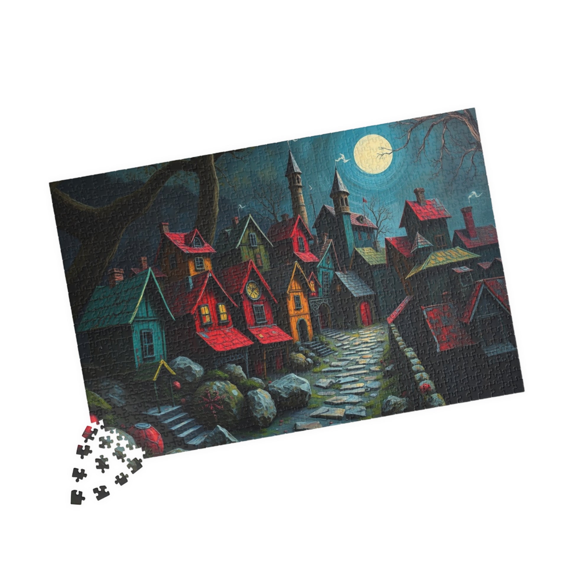 Nighttime Village 3D Puzzle (110, 252, 520, 1014-piece), Haunting Spooky Town at Night, Ideal Puzzle Gift for Gothic Dark Art Lover, Mindful The Puzzle Chest