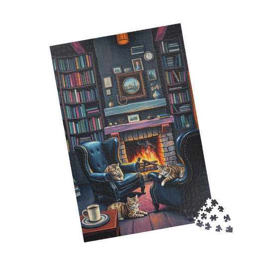Cozy Cat-Themed Reading Room Puzzle - Home Library Jigsaw Game Perfect for Cat Lovers, Family Fun, Bookish Gift Idea, Quiet Leisure Activity