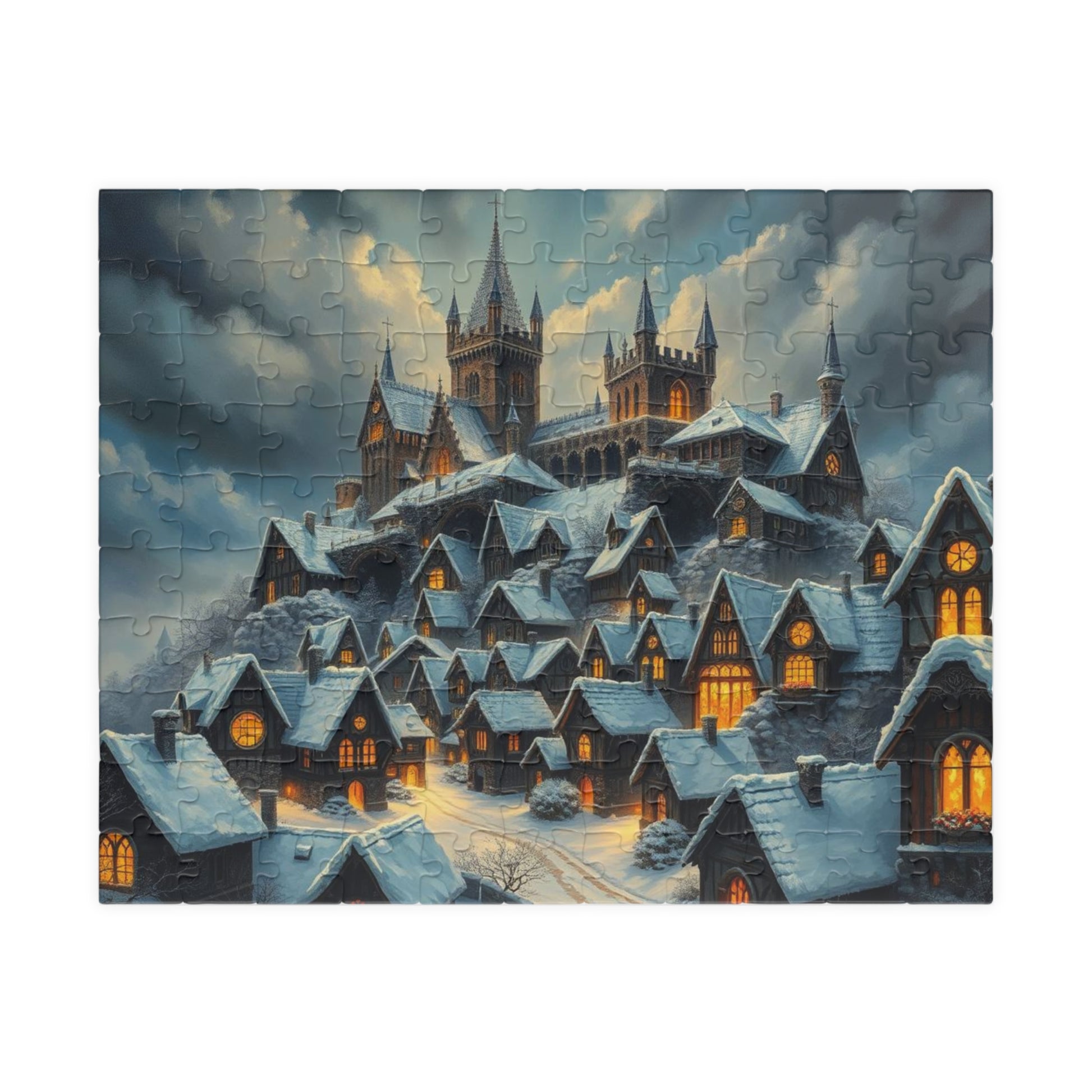 Gothic Hearths Winter Village Jigsaw Puzzle, Gothic Art Print of Enchanting Winter Castle, Puzzle Lover Gift for Dark Fantasy Enthusiasts 110 pcs (Horizontal) Puzzle The Puzzle Chest