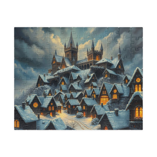 Gothic Hearths Winter Village Jigsaw Puzzle, Gothic Art Print of Enchanting Winter Castle, Puzzle Lover Gift for Dark Fantasy Enthusiasts 110 pcs (Horizontal) Puzzle The Puzzle Chest