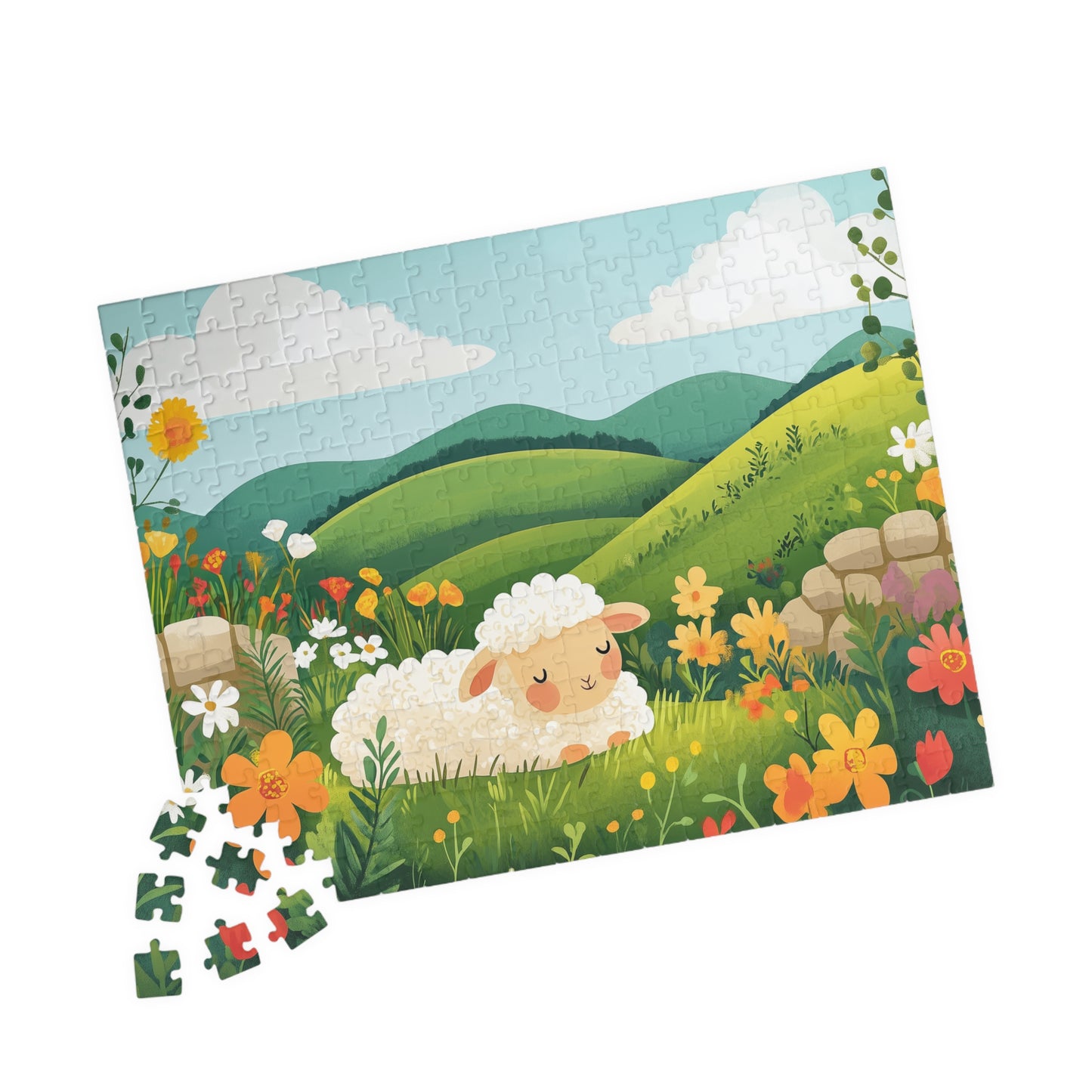 Sleeping Lamb Meadow Puzzle | Cute Sheep Jigsaw Puzzle, Spring Floral Scene 252 pcs (Horizontal) Puzzle The Puzzle Chest