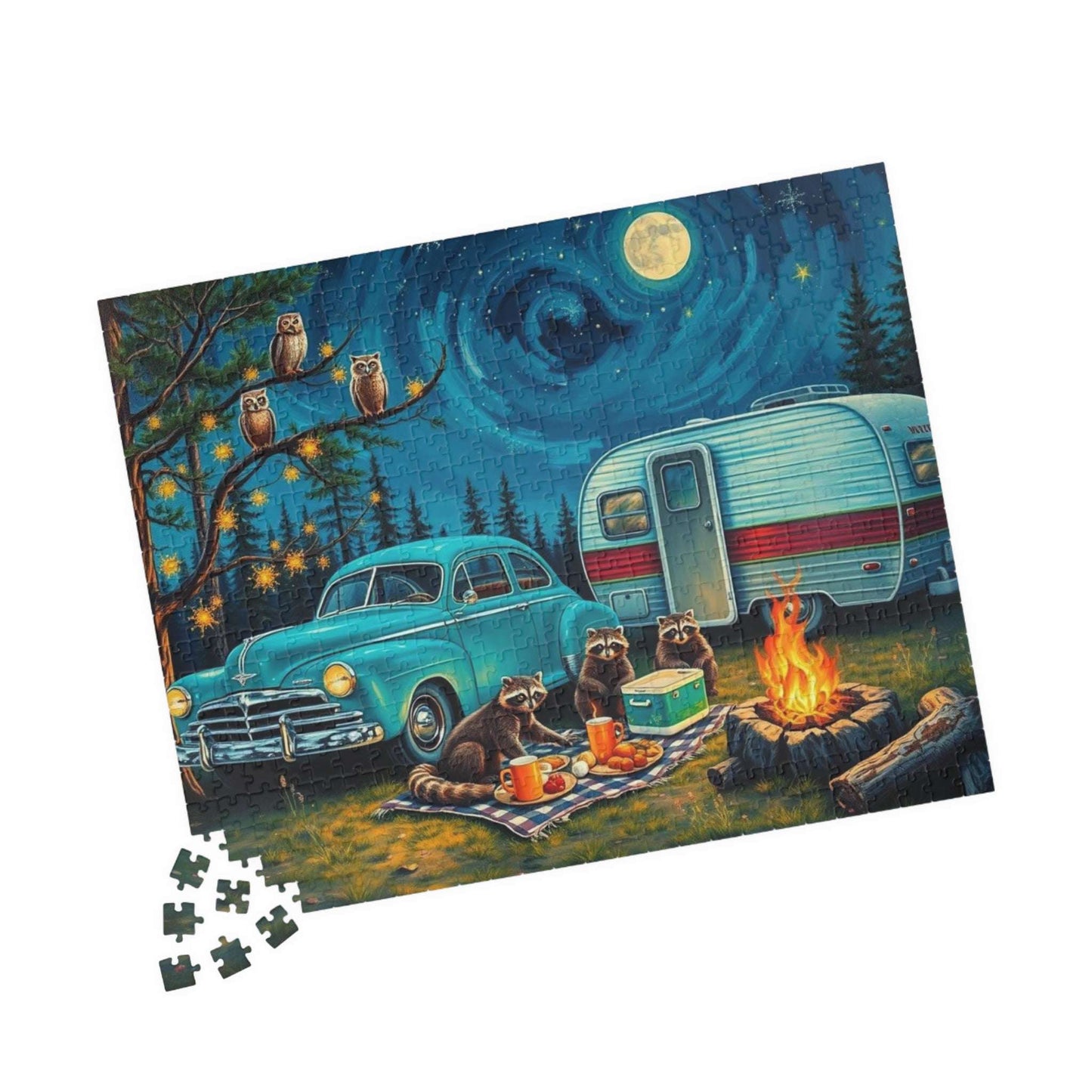 Cozy Camping Jigsaw Puzzle with Raccoons and Owls, Solo Fun or Family Game, Nature Vibes, Holiday Birthday Gift for Friends, 110-1014-piece Puzzle The Puzzle Chest