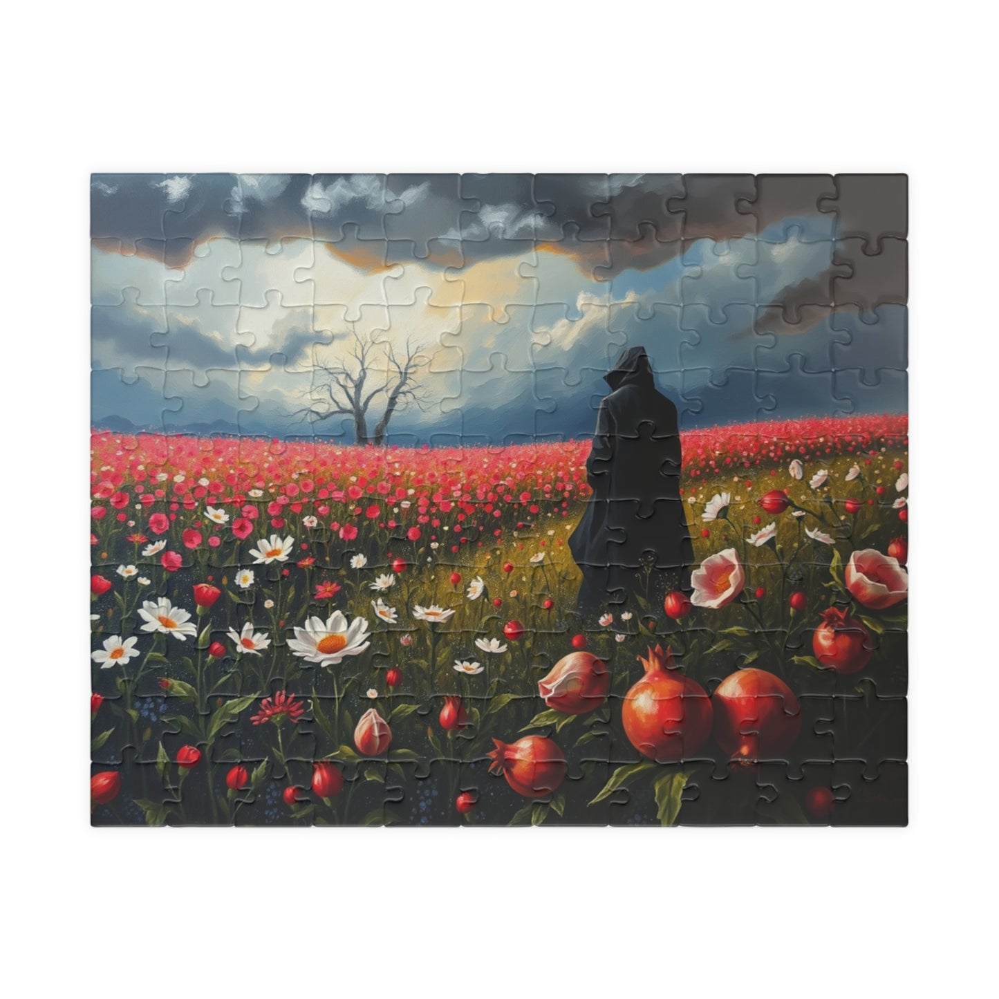 Gothic Jigsaw Puzzle, Lone Dark Figure in Blooming Flower Field, Challenging Puzzle for Adult, Artistic Activity Mindfulness Gift for Friend 110 pcs (Horizontal) The Puzzle Chest