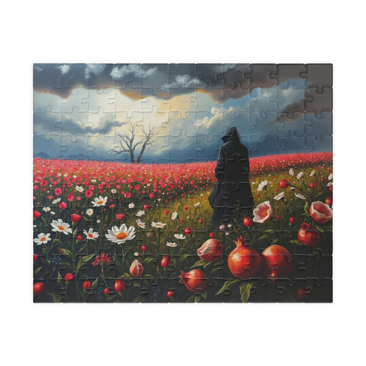 Gothic Jigsaw Puzzle, Lone Dark Figure in Blooming Flower Field, Challenging Puzzle for Adult, Artistic Activity Mindfulness Gift for Friend 110 pcs (Horizontal) The Puzzle Chest