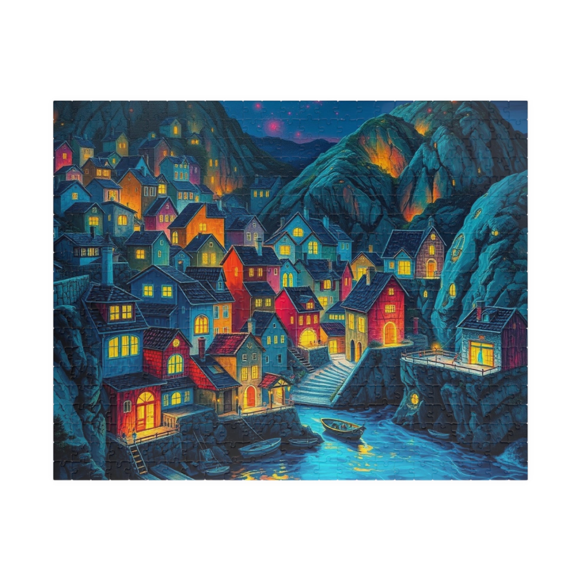 Bioluminescent 3D Village Jigsaw Puzzle for Adults, Cinematic Style with Glowing Colors and Dramatic Town Scene, Ideal Gift for Puzzle Fan 520 pcs (Horizontal) The Puzzle Chest