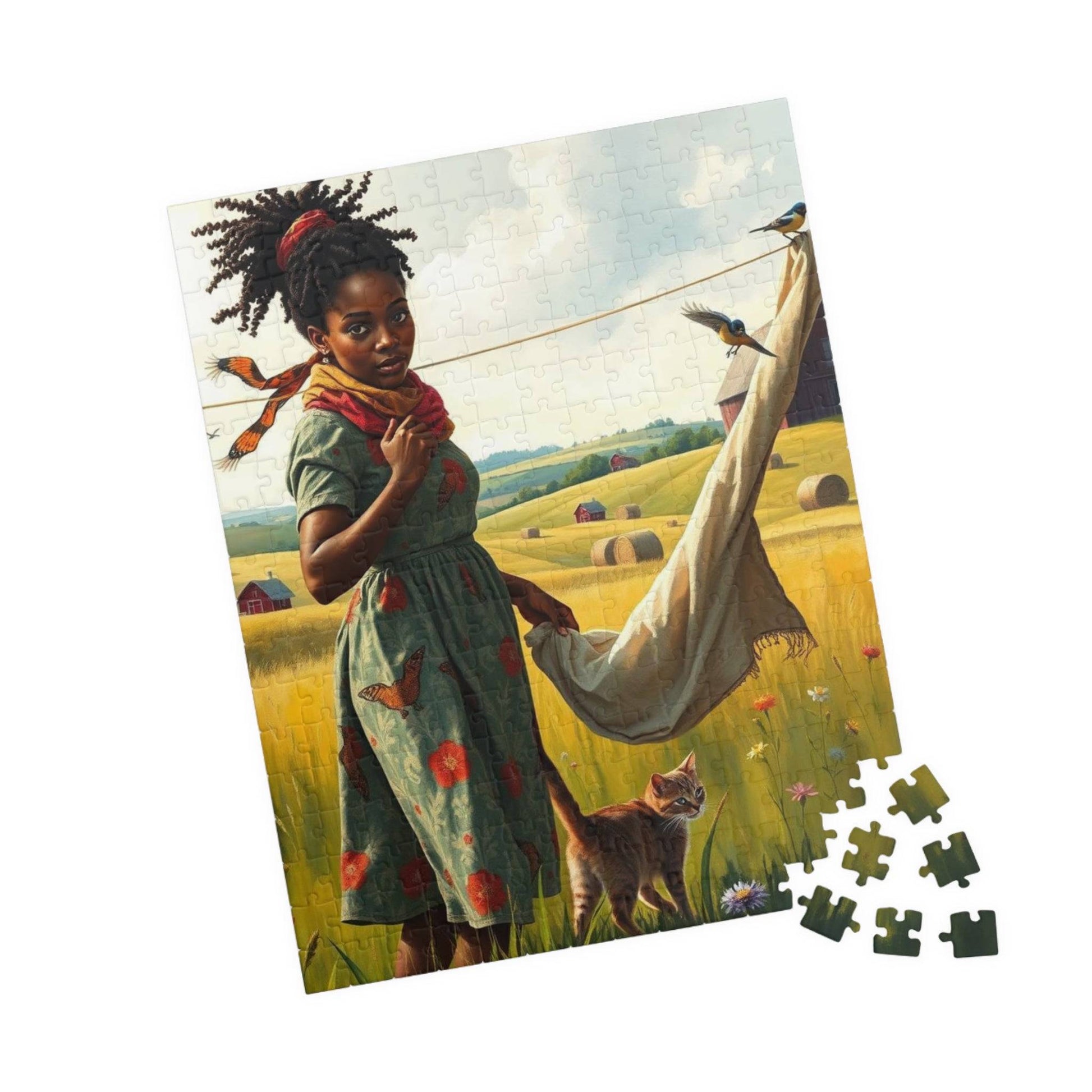 The Laundress Jigsaw Puzzle – Black Woman Hanging Laundry with Cat, Afrocentric Art, African American Artwork 252 pcs (Vertical) Puzzle The Puzzle Chest