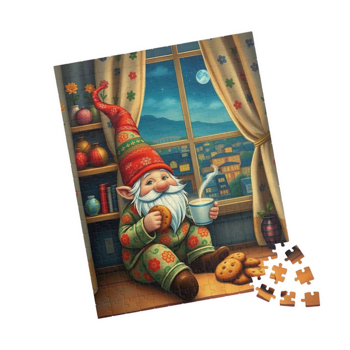 Gnome at Midnight Snack – Milk and Cookies Folk Art Jigsaw Puzzle 252 pcs (Vertical) Puzzle The Puzzle Chest