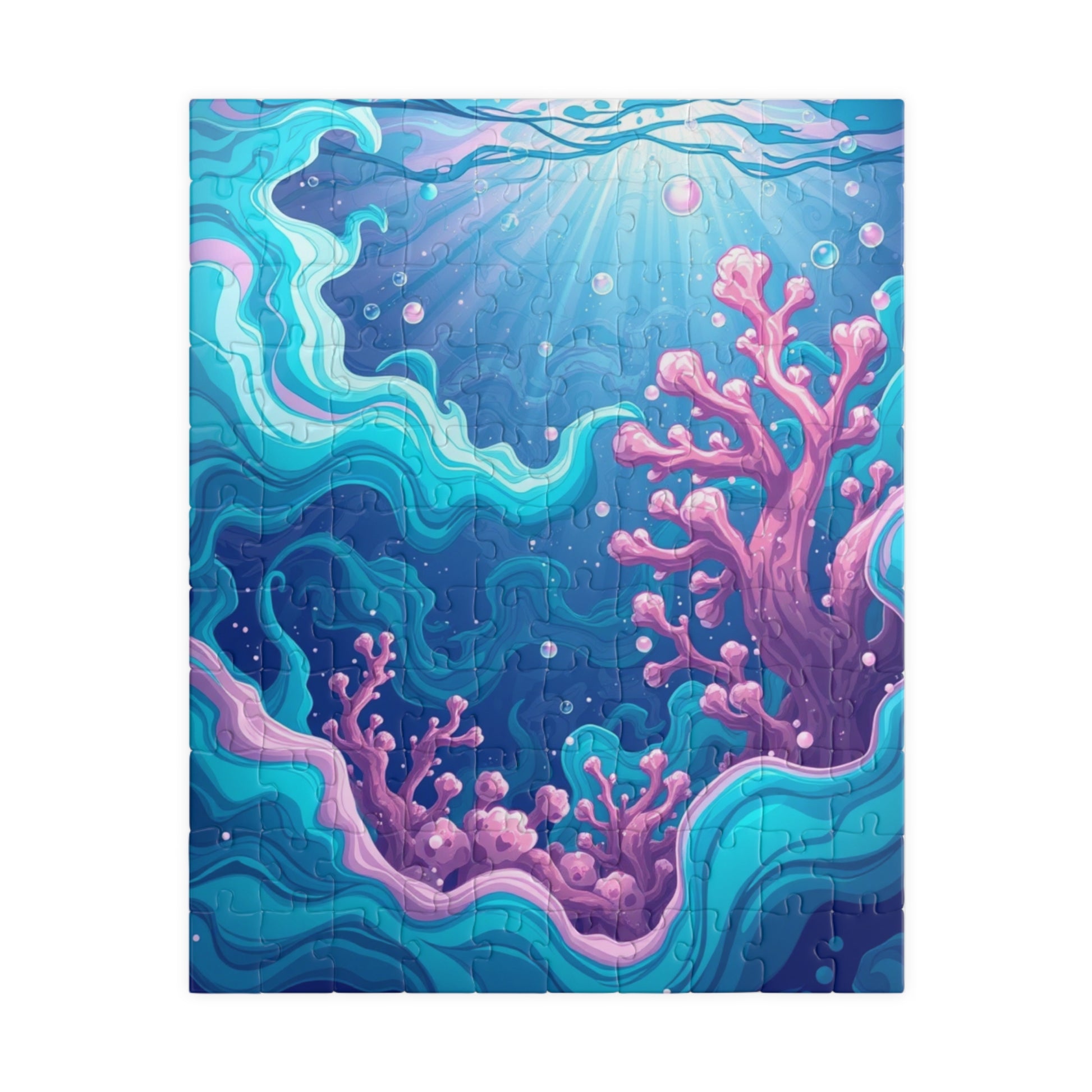 Abstract Underwater Scene Puzzle - Teal Aqua Pink Waves Coral Bubbles Light Beams Jigsaw Game 110 pcs (Vertical) Puzzle The Puzzle Chest