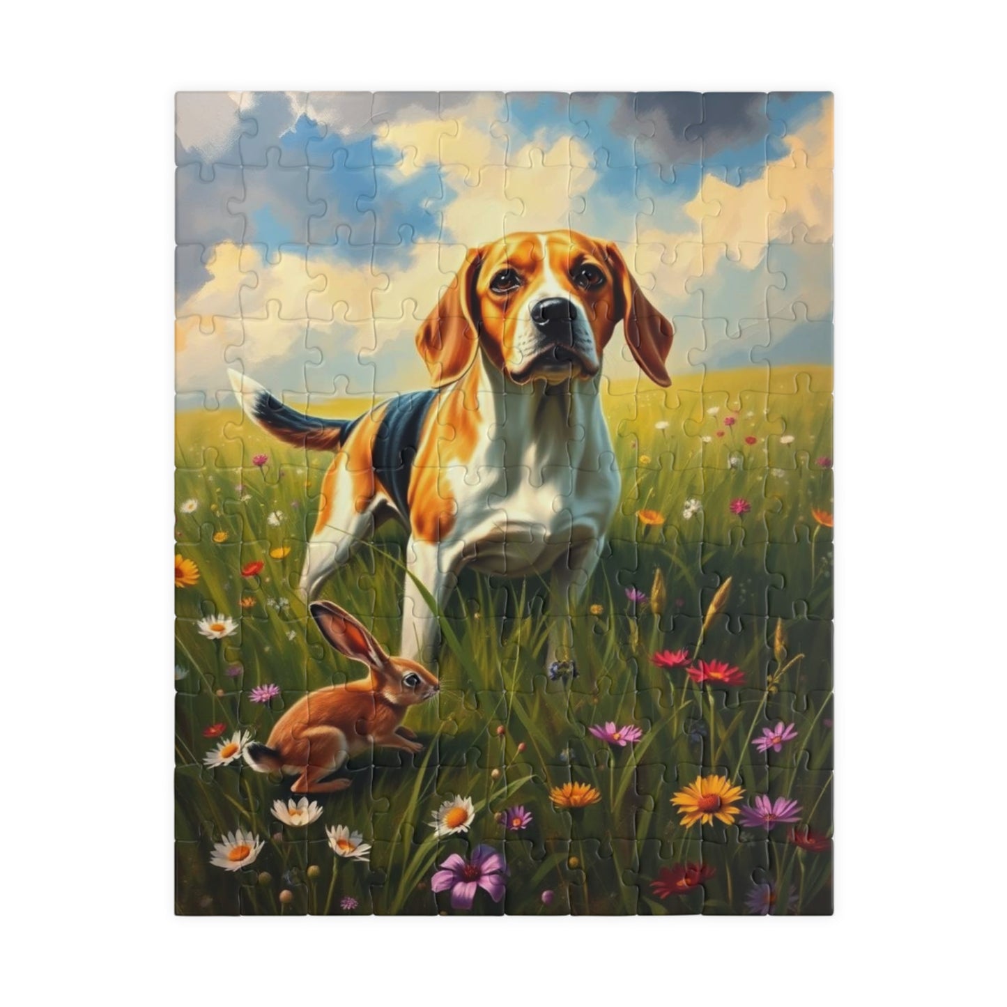 Dog and Rabbit Jigsaw Puzzle - Beagle in Wildflower Meadow, Family Game Night, Gift for Animal Lovers, Home Entertainment 110 pcs (Vertical) Puzzle The Puzzle Chest