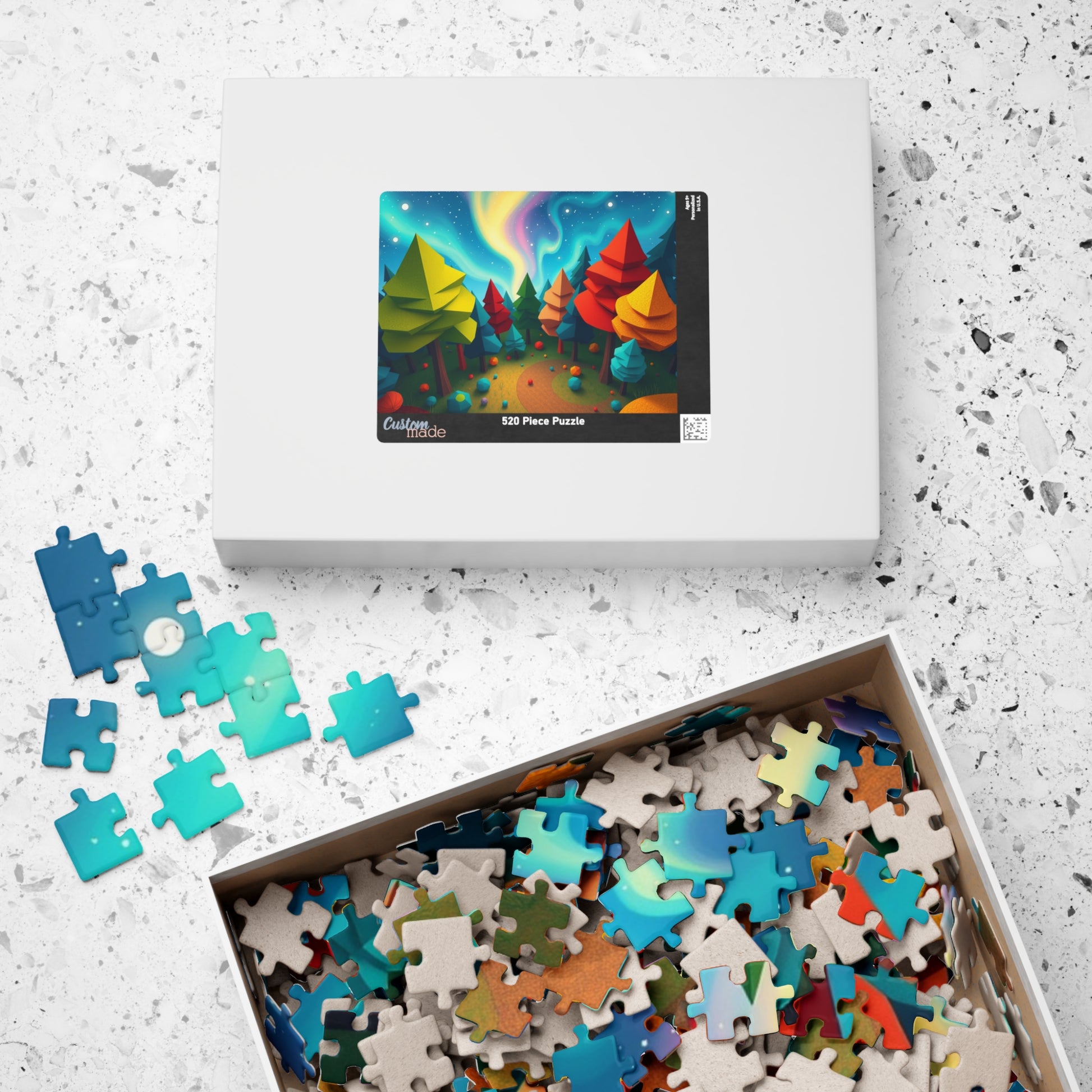 Abstract Landscape Jigsaw Puzzle, Magical Forest with Geometric Trees Aurora Sky, Challenging Game for Mental Exercise, Puzzle Lover Gift Puzzle The Puzzle Chest